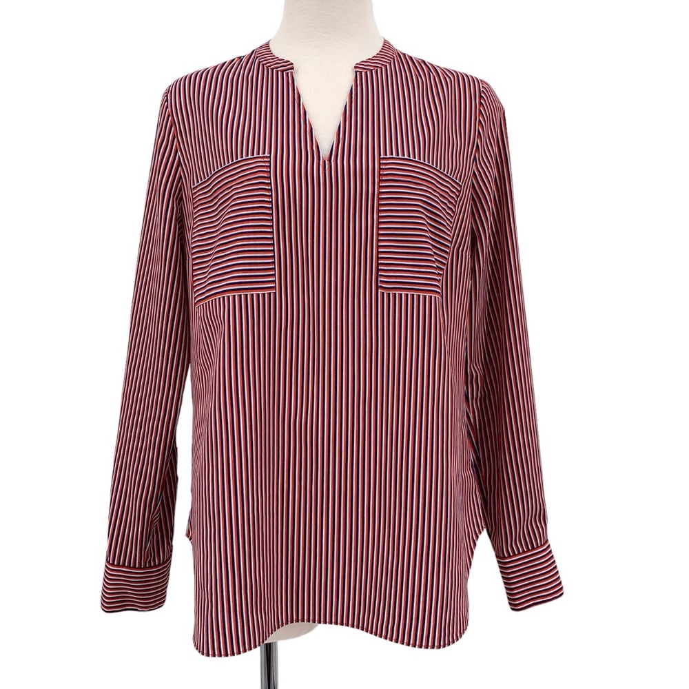 Cabi Franklin Blouse #5335, Red, White & Blue Striped Notch V-Neck Blouse, Small